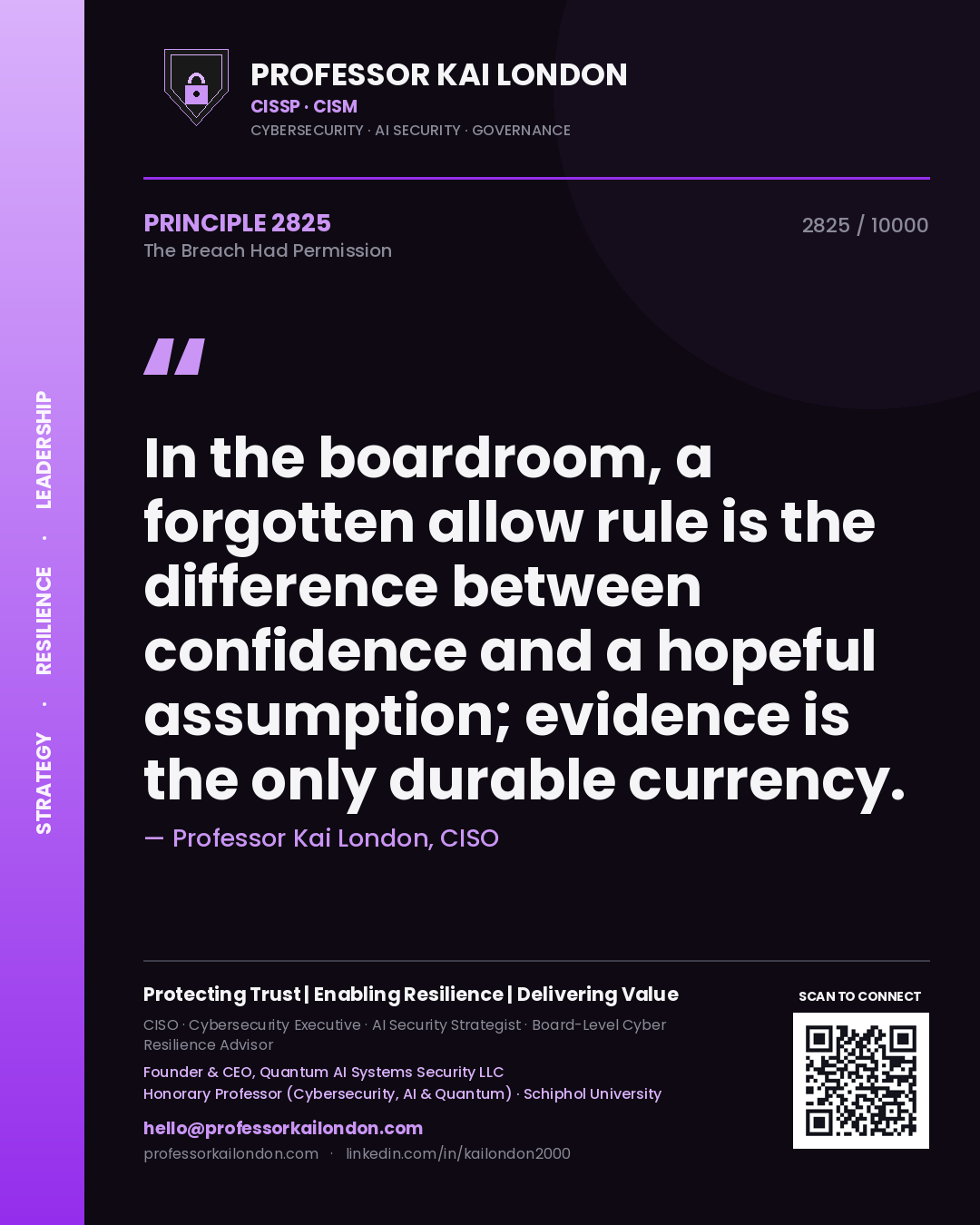 Quote card by Professor Kai London reading 'In the boardroom, a forgotten allow rule is the difference between confidence and a hopeful assumption; evidence is the only durable currency.'. From the book The Breach Had Permission.