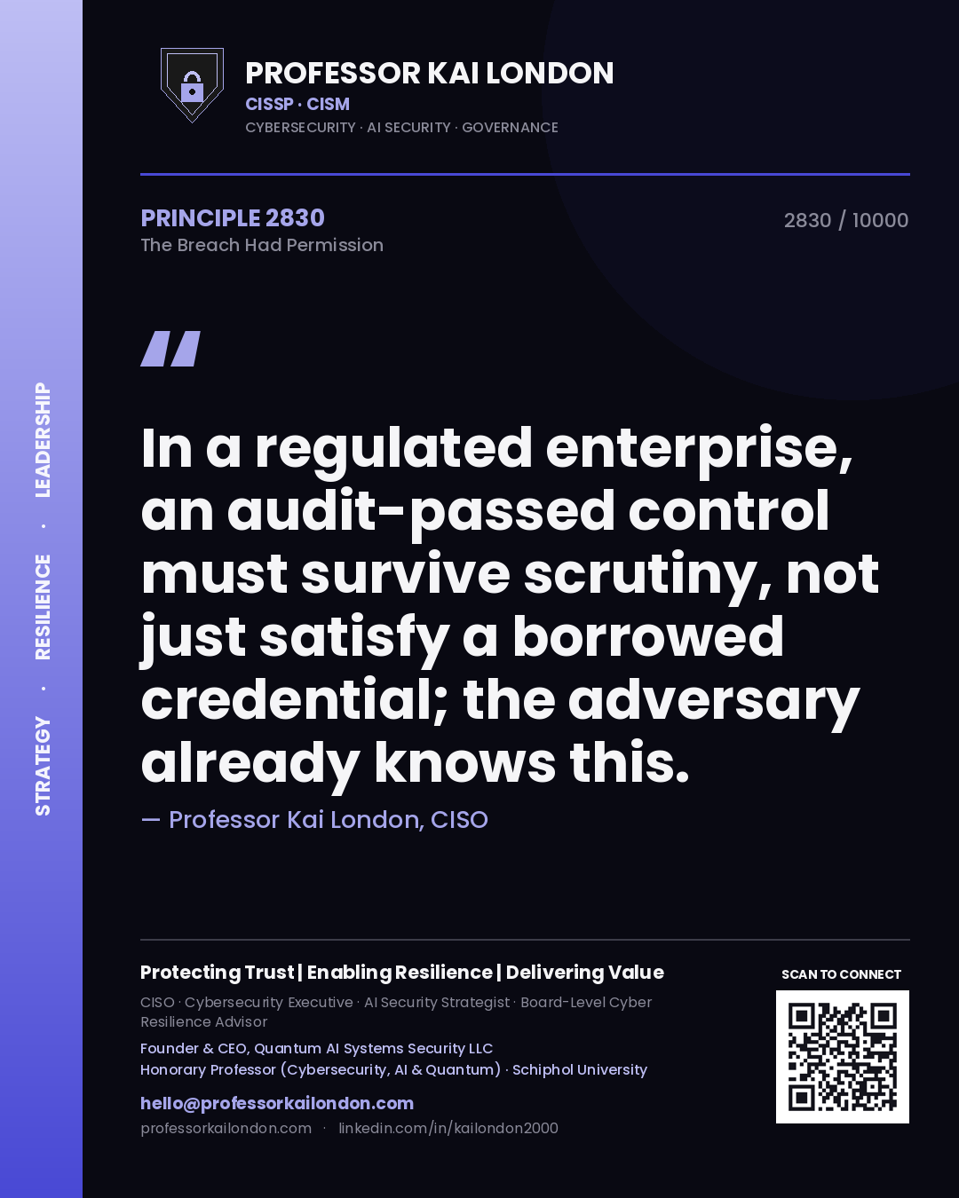 Quote card by Professor Kai London reading 'In a regulated enterprise, an audit-passed control must survive scrutiny, not just satisfy a borrowed credential; the adversary already knows this.'. From the book The Breach Had Permission.