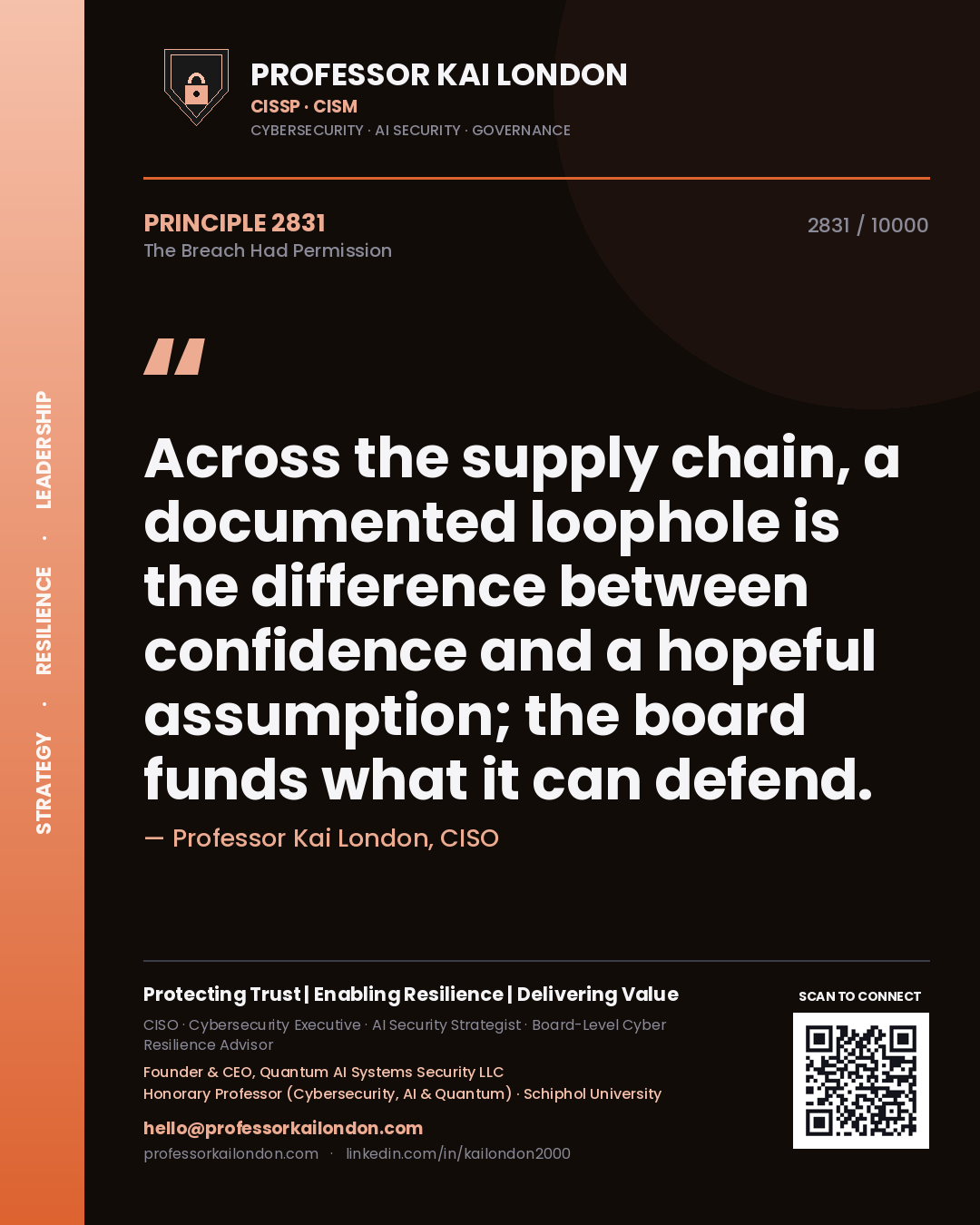 Professor Kai London principle 2831: Across the supply chain, a documented loophole is the difference between confidence and a hopeful assumption; the board funds what it can defend.