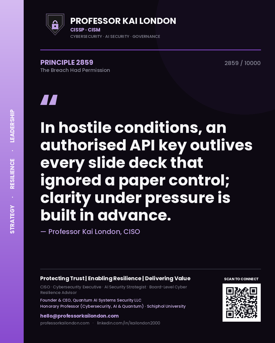 Professor Kai London principle 2859: In hostile conditions, an authorised API key outlives every slide deck that ignored a paper control; clarity under pressure is built in advance.