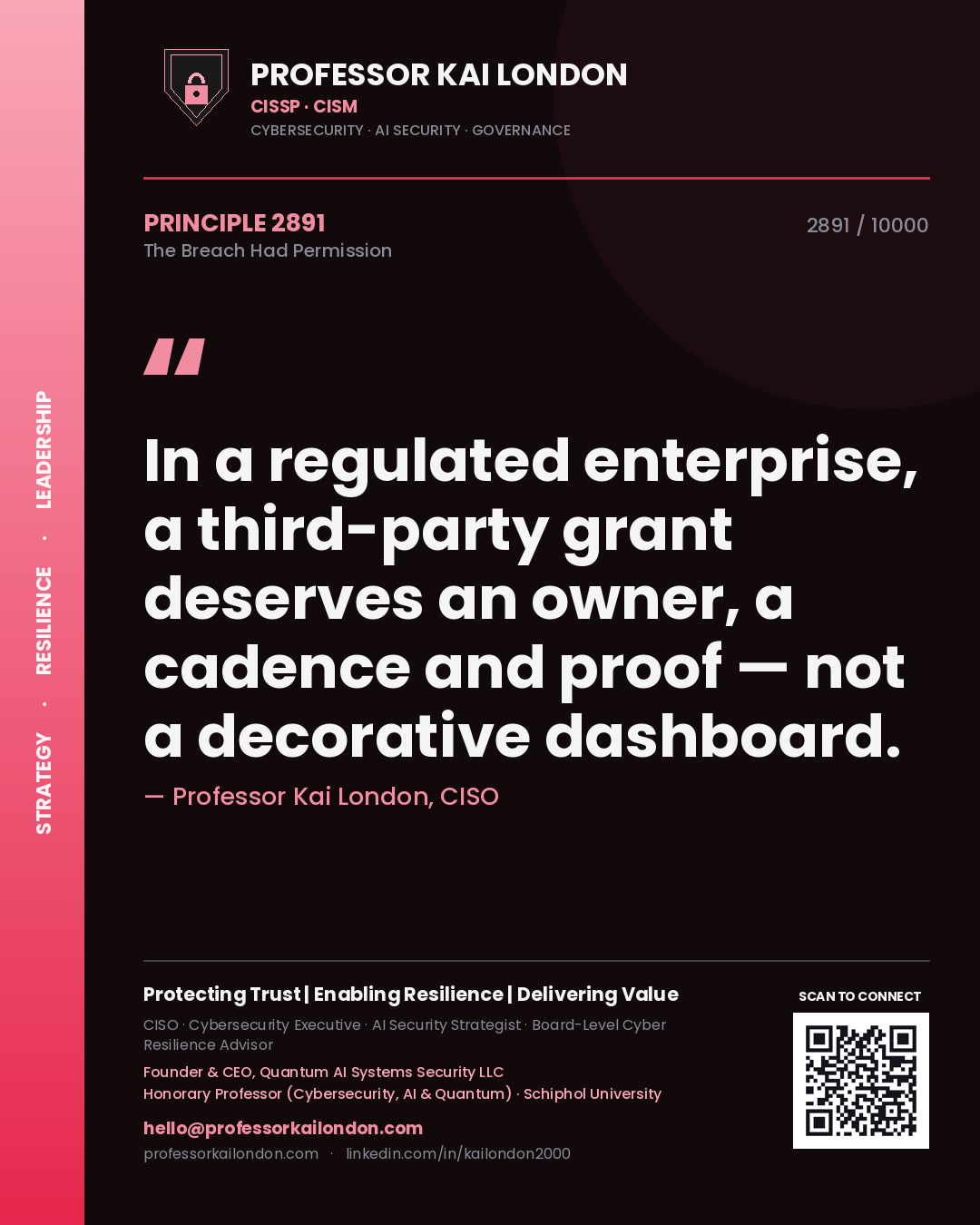 Quote card by Professor Kai London reading 'In a regulated enterprise, a third-party grant deserves an owner, a cadence and proof — not a decorative dashboard.'. From the book The Breach Had Permission.