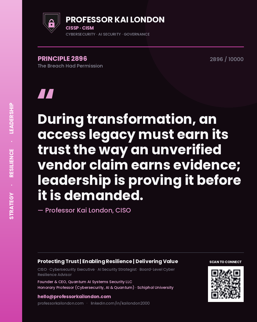 Quote card by Professor Kai London reading 'During transformation, an access legacy must earn its trust the way an unverified vendor claim earns evidence; leadership is proving it before it is demanded.'. From the book The Breach Had Permission.
