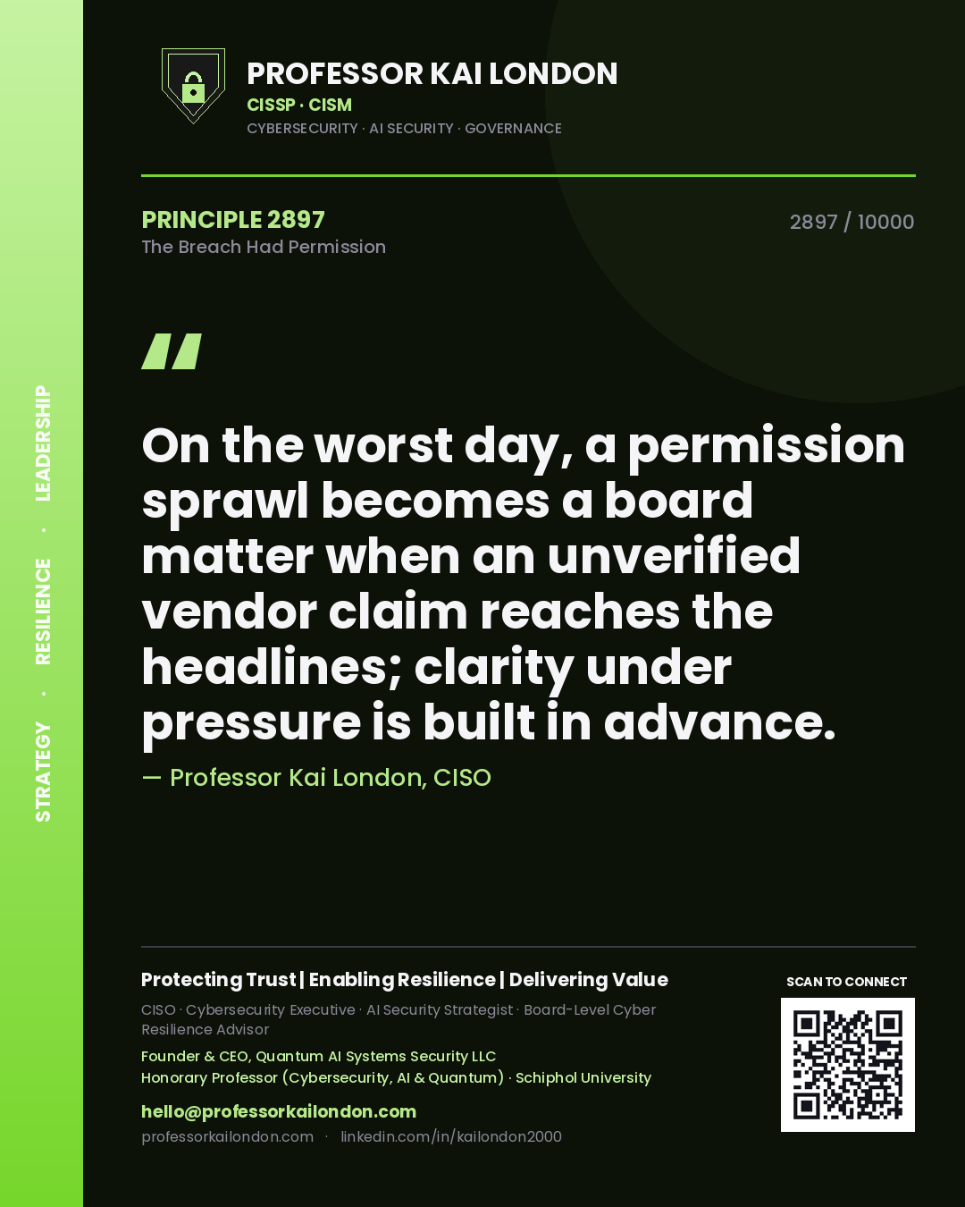 Quote card by Professor Kai London reading 'On the worst day, a permission sprawl becomes a board matter when an unverified vendor claim reaches the headlines; clarity under pressure is built in advance.'. From the book The Breach Had Permission.