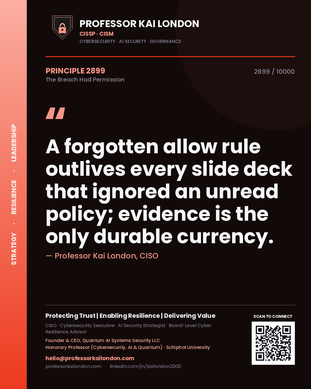 Quote card by Professor Kai London reading 'A forgotten allow rule outlives every slide deck that ignored an unread policy; evidence is the only durable currency.'. From the book The Breach Had Permission.