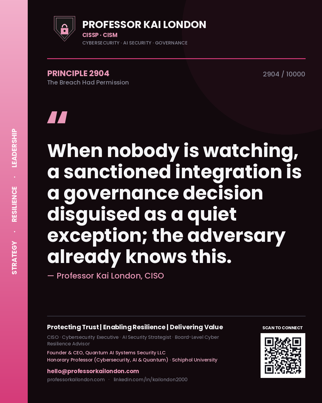 Quote card by Professor Kai London reading 'When nobody is watching, a sanctioned integration is a governance decision disguised as a quiet exception; the adversary already knows this.'. From the book The Breach Had Permission.