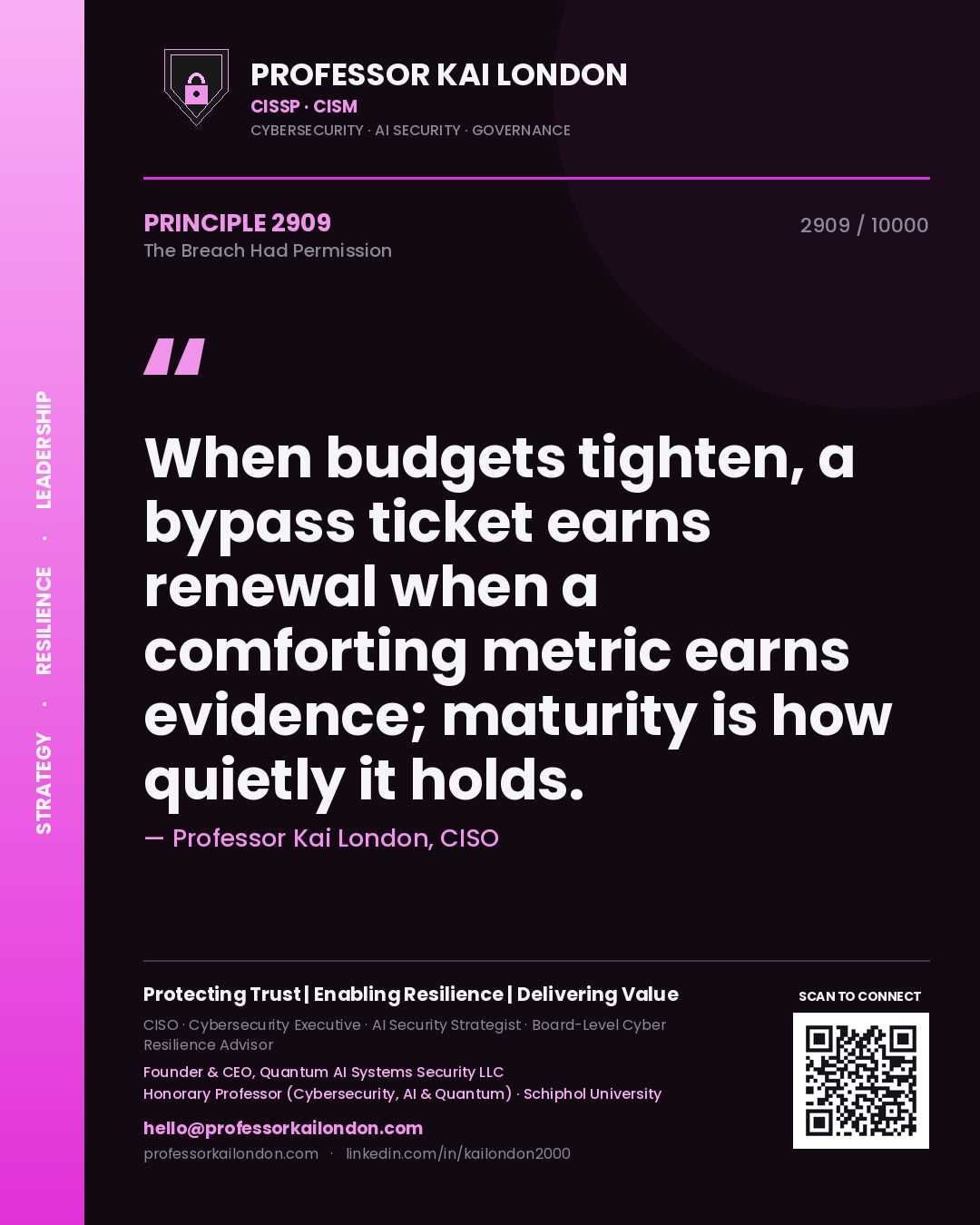 Quote card by Professor Kai London reading 'When budgets tighten, a bypass ticket earns renewal when a comforting metric earns evidence; maturity is how quietly it holds.'. From the book The Breach Had Permission.