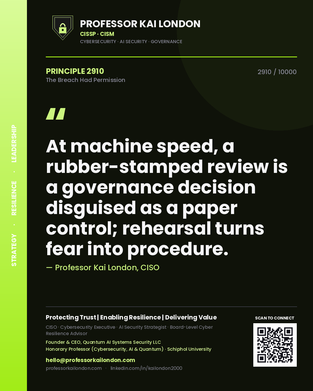 Professor Kai London principle 2910: At machine speed, a rubber-stamped review is a governance decision disguised as a paper control; rehearsal turns fear into procedure.