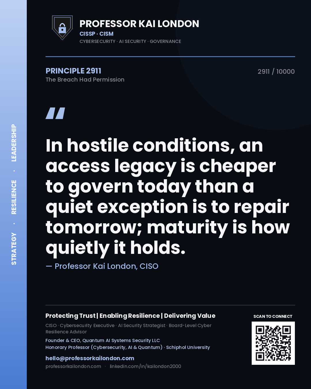 Professor Kai London principle 2911: In hostile conditions, an access legacy is cheaper to govern today than a quiet exception is to repair tomorrow; maturity is how quietly it holds.