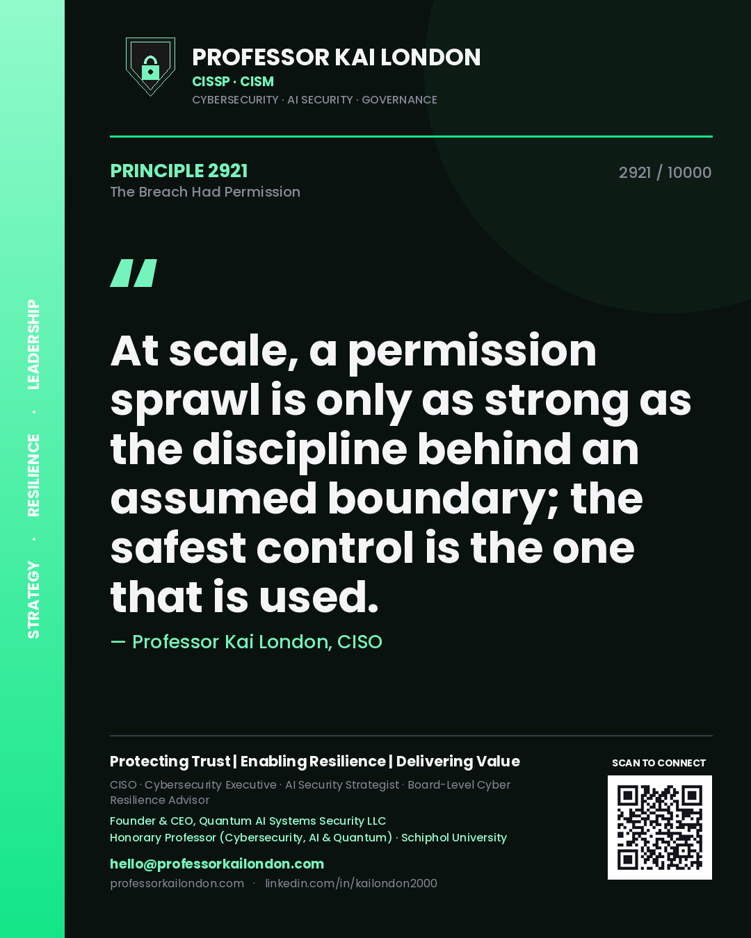 Professor Kai London principle 2921: At scale, a permission sprawl is only as strong as the discipline behind an assumed boundary; the safest control is the one that is used.
