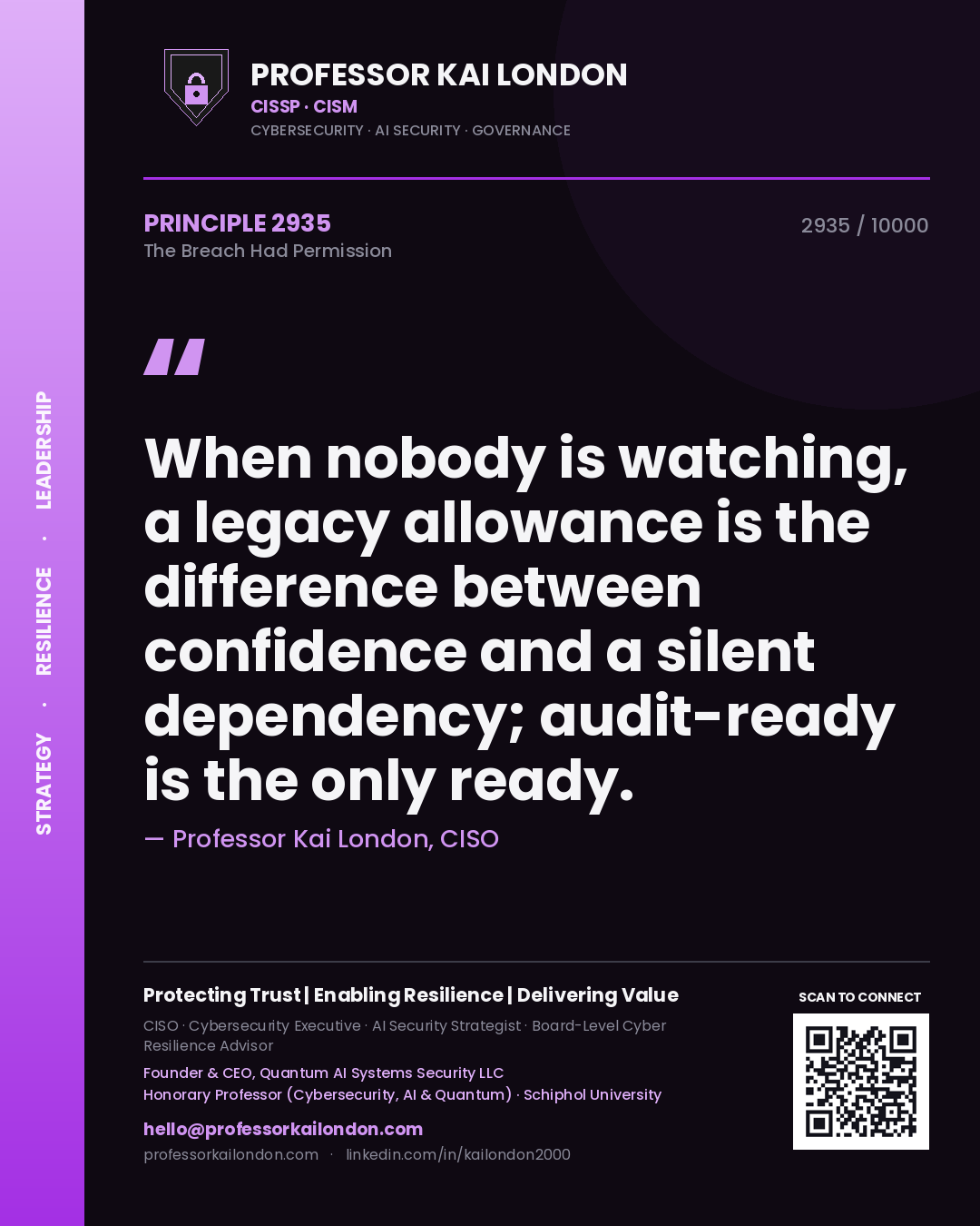 Professor Kai London principle 2935: When nobody is watching, a legacy allowance is the difference between confidence and a silent dependency; audit-ready is the only ready.