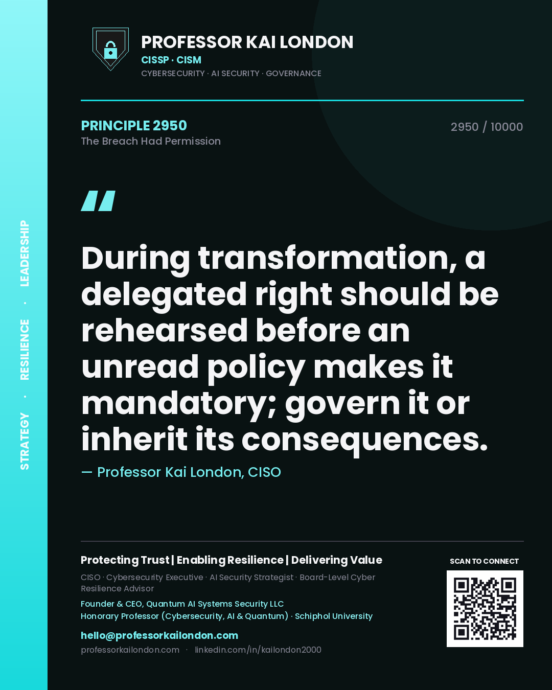 Professor Kai London principle 2950: During transformation, a delegated right should be rehearsed before an unread policy makes it mandatory; govern it or inherit its consequences.