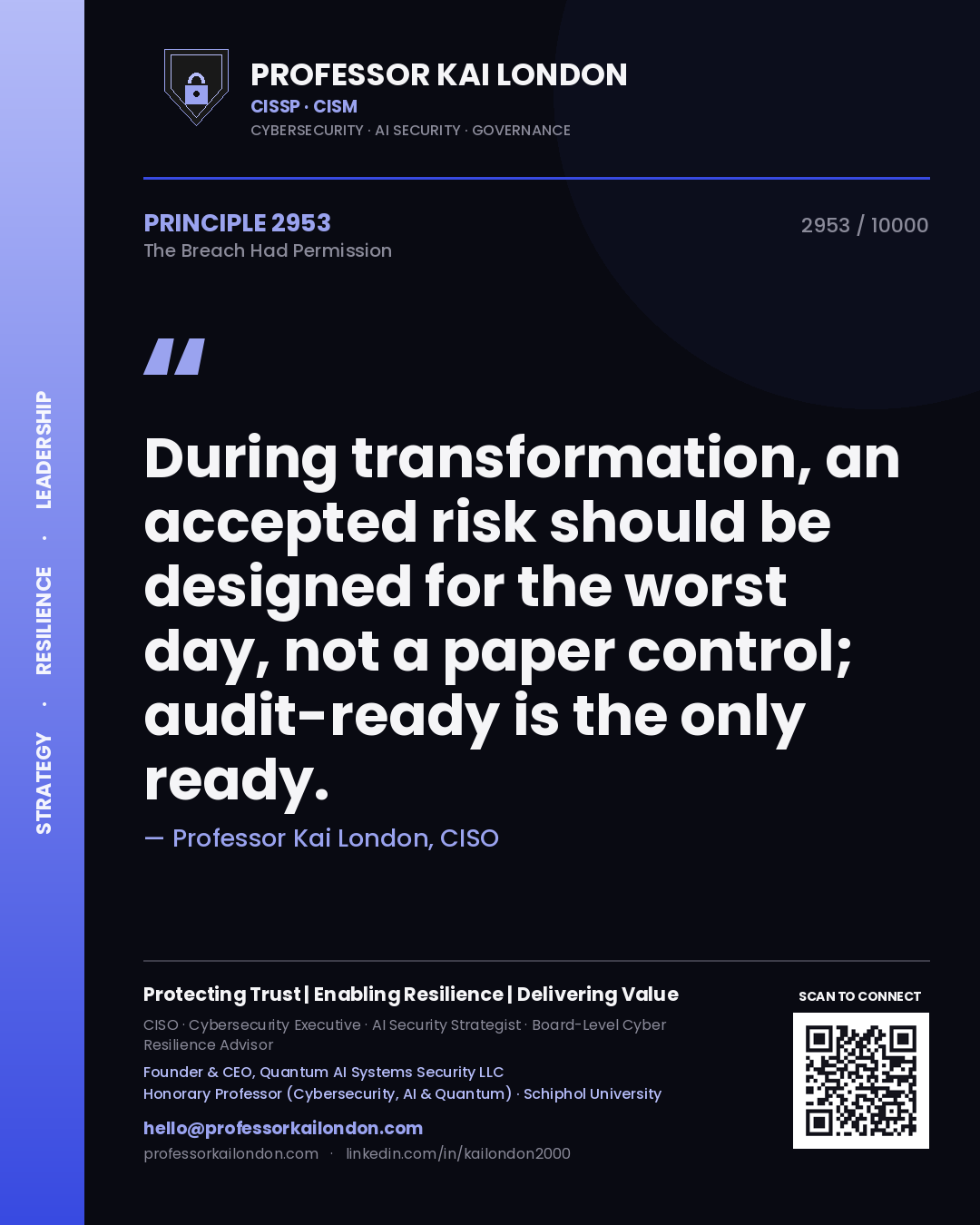Quote card by Professor Kai London reading 'During transformation, an accepted risk should be designed for the worst day, not a paper control; audit-ready is the only ready.'. From the book The Breach Had Permission.