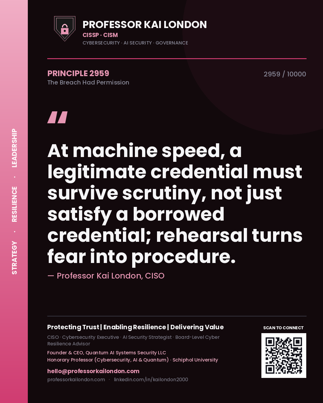 Professor Kai London principle 2959: At machine speed, a legitimate credential must survive scrutiny, not just satisfy a borrowed credential; rehearsal turns fear into procedure.