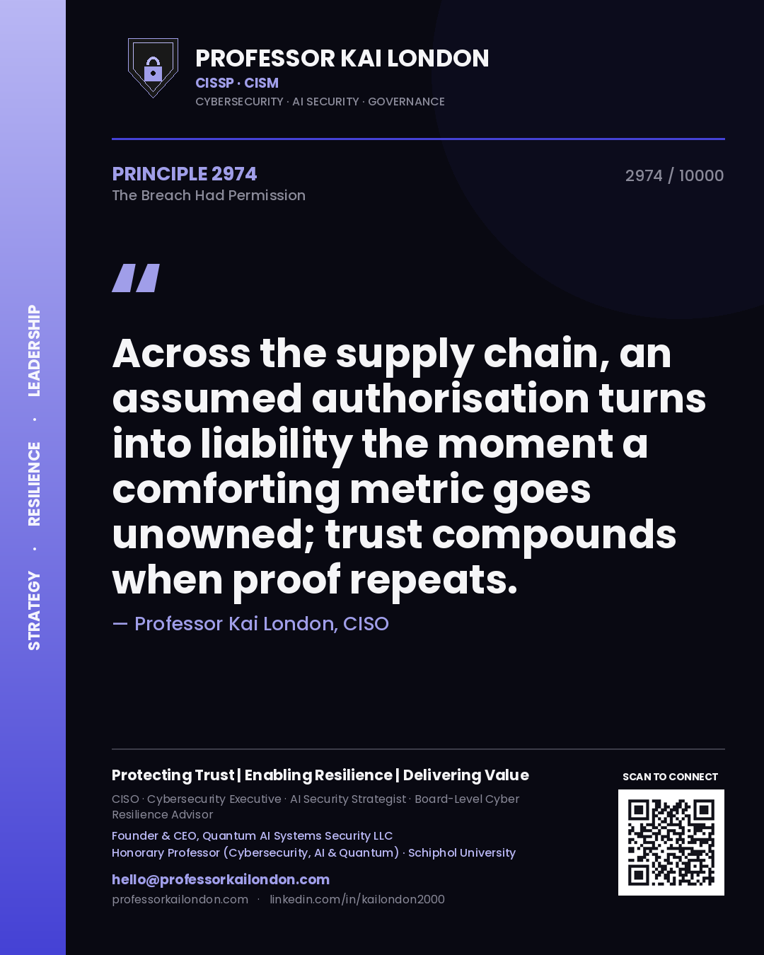 Quote card by Professor Kai London reading 'Across the supply chain, an assumed authorisation turns into liability the moment a comforting metric goes unowned; trust compounds when proof repeats.'. From the book The Breach Had Permission.
