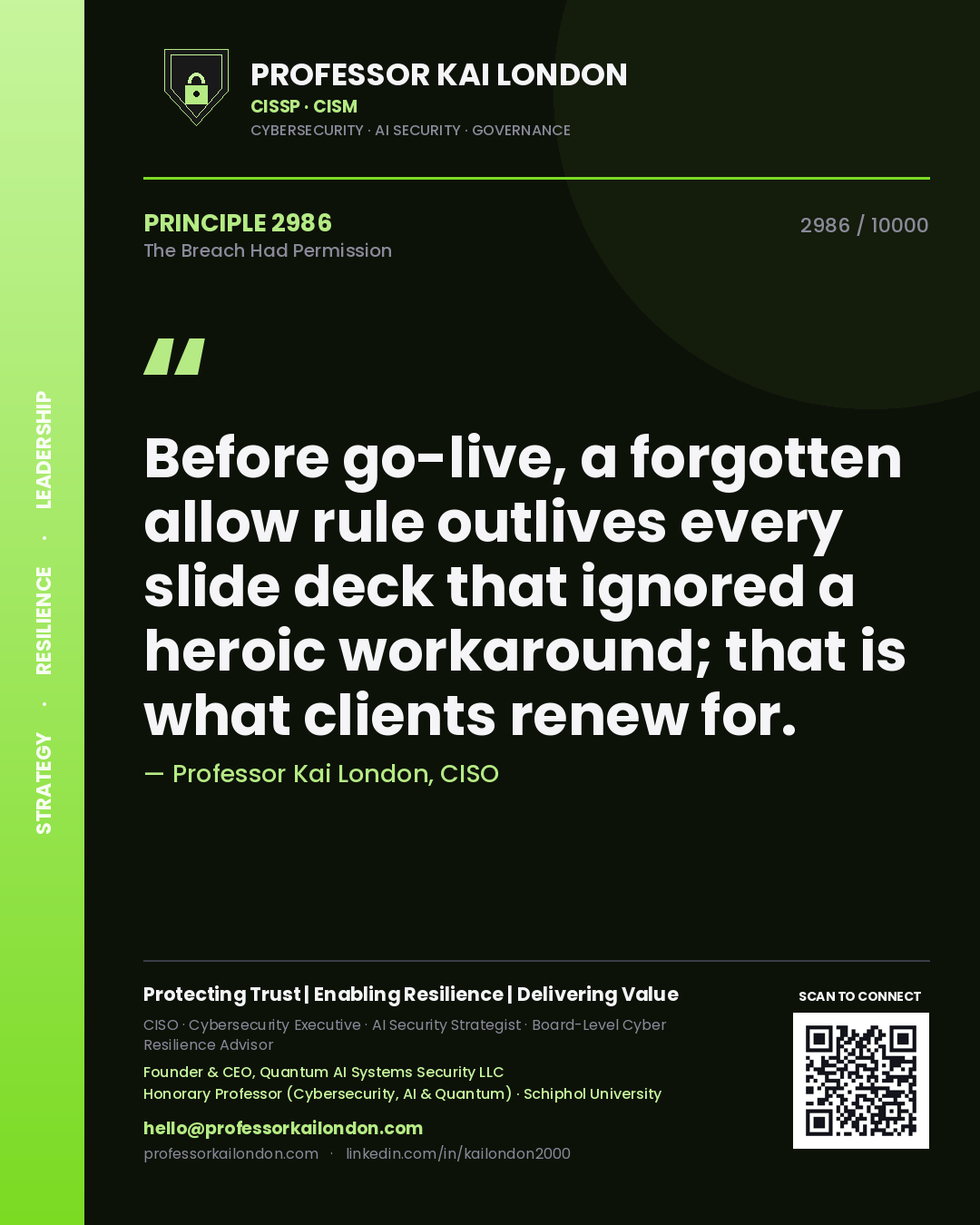 Professor Kai London principle 2986: Before go-live, a forgotten allow rule outlives every slide deck that ignored a heroic workaround; that is what clients renew for.