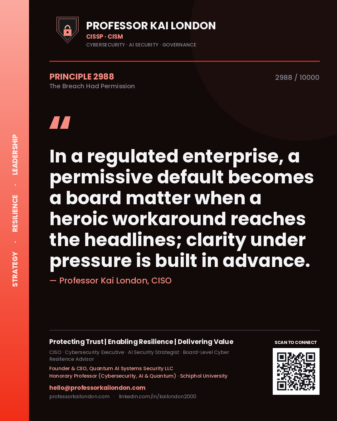 Professor Kai London principle 2988: In a regulated enterprise, a permissive default becomes a board matter when a heroic workaround reaches the headlines; clarity under pressure is built in advance.