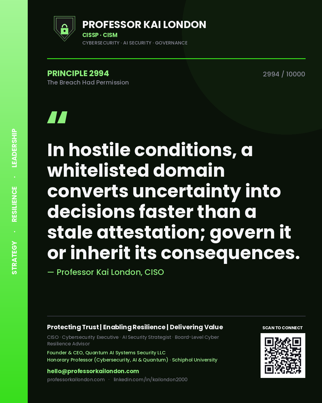Quote card by Professor Kai London reading 'In hostile conditions, a whitelisted domain converts uncertainty into decisions faster than a stale attestation; govern it or inherit its consequences.'. From the book The Breach Had Permission.