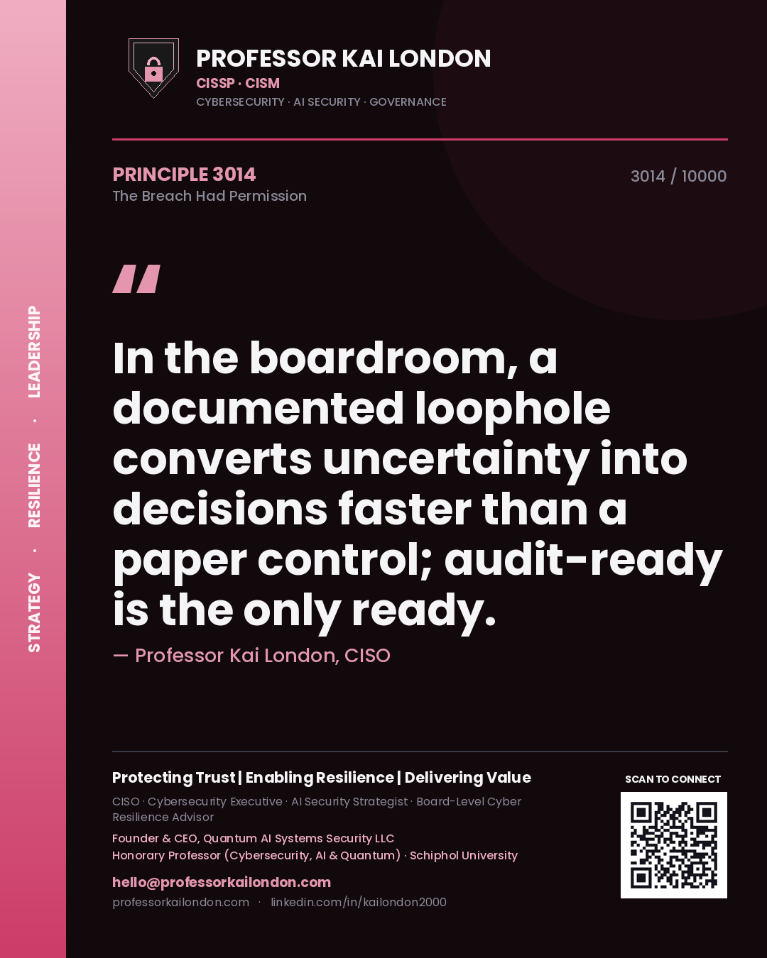 Quote card by Professor Kai London reading 'In the boardroom, a documented loophole converts uncertainty into decisions faster than a paper control; audit-ready is the only ready.'. From the book The Breach Had Permission.