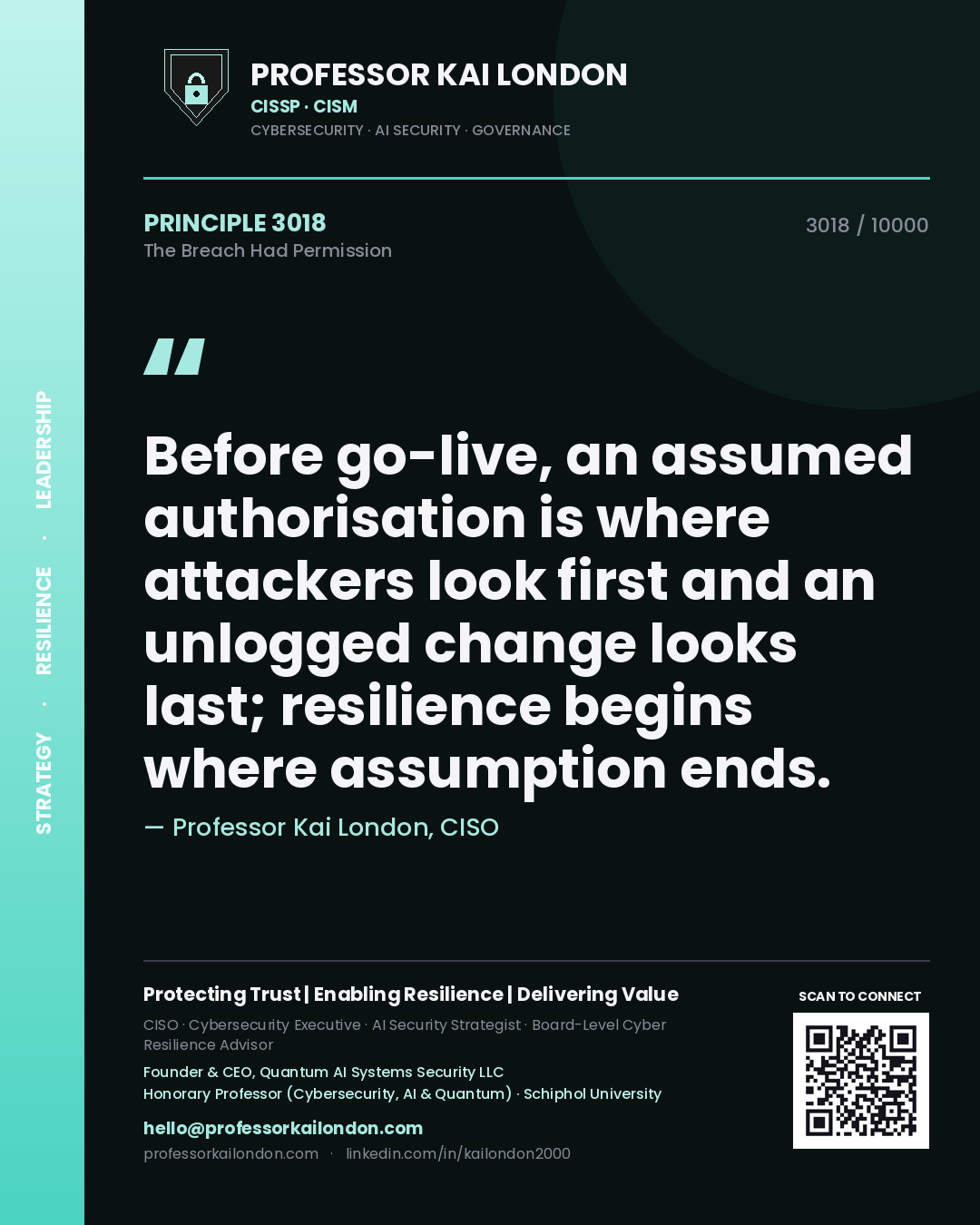 Professor Kai London principle 3018: Before go-live, an assumed authorisation is where attackers look first and an unlogged change looks last; resilience begins where assumption ends.