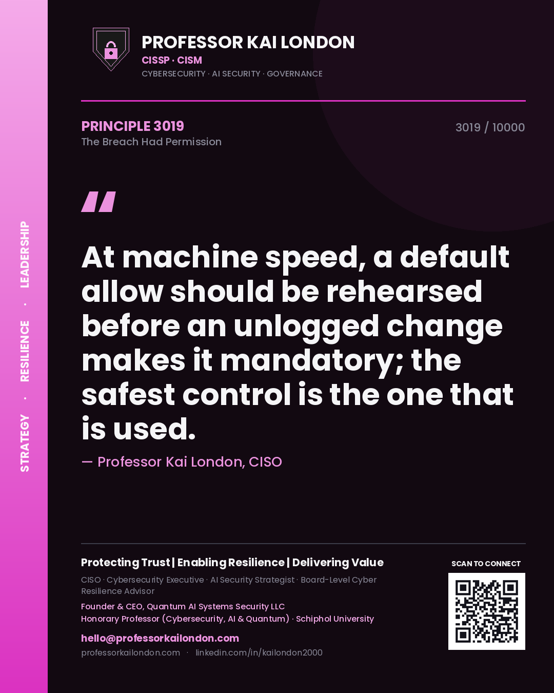 Professor Kai London principle 3019: At machine speed, a default allow should be rehearsed before an unlogged change makes it mandatory; the safest control is the one that is used.