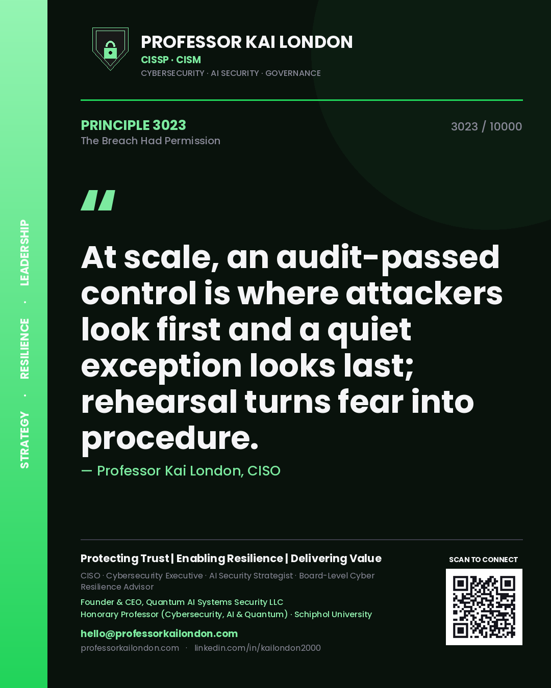 Professor Kai London principle 3023: At scale, an audit-passed control is where attackers look first and a quiet exception looks last; rehearsal turns fear into procedure.