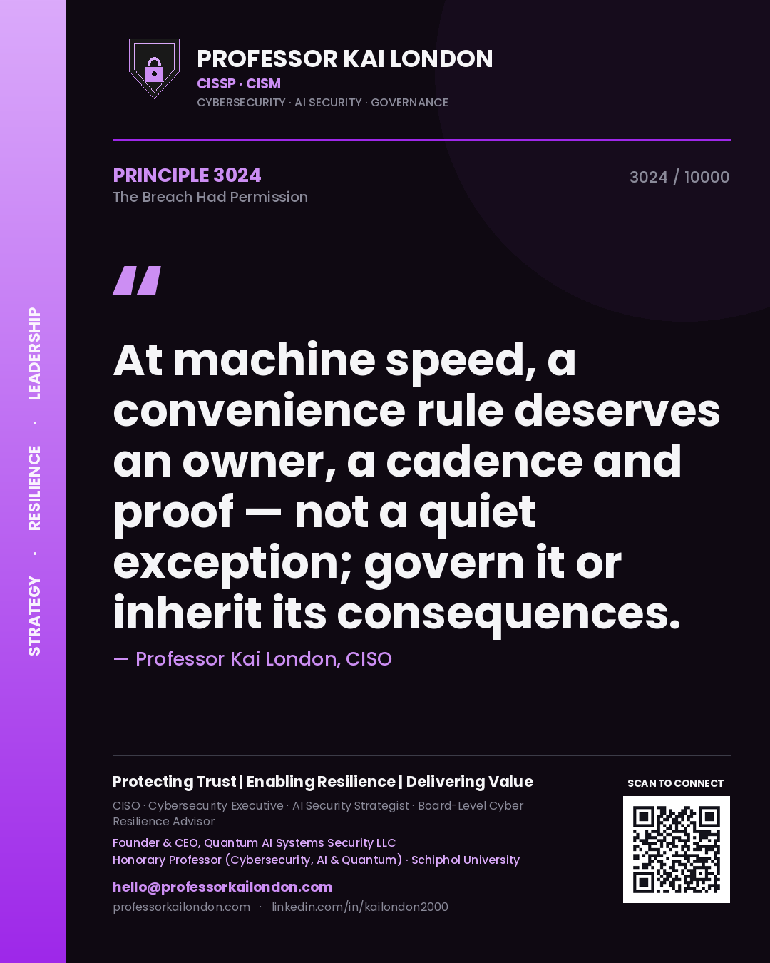 Quote card by Professor Kai London reading 'At machine speed, a convenience rule deserves an owner, a cadence and proof — not a quiet exception; govern it or inherit its consequences.'. From the book The Breach Had Permission.