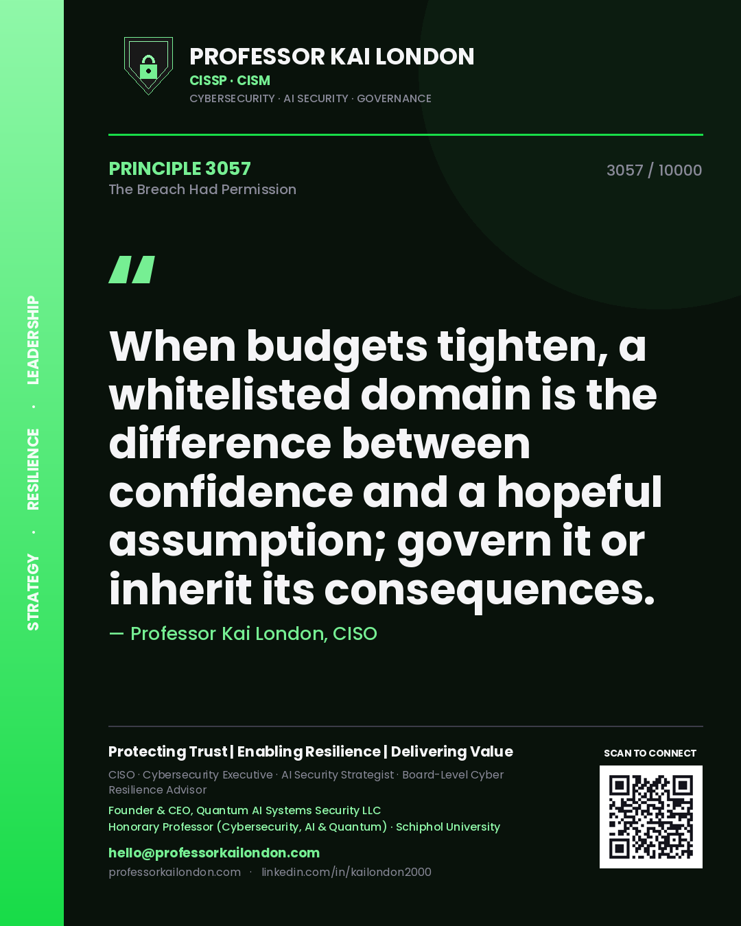 Quote card by Professor Kai London reading 'When budgets tighten, a whitelisted domain is the difference between confidence and a hopeful assumption; govern it or inherit its consequences.'. From the book The Breach Had Permission.