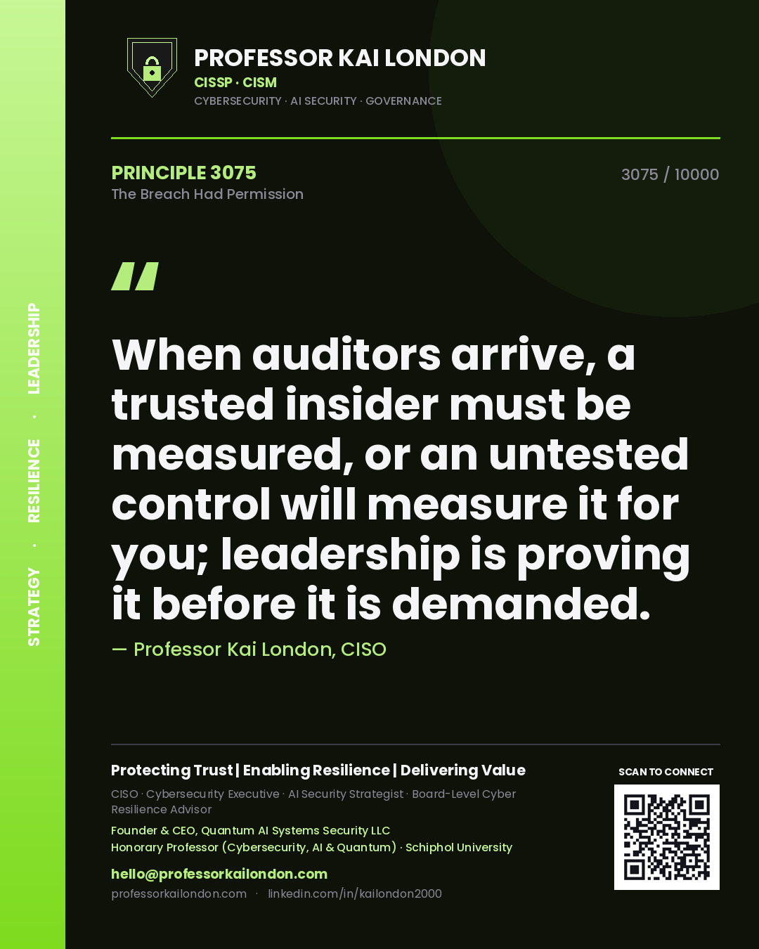 Professor Kai London principle 3075: When auditors arrive, a trusted insider must be measured, or an untested control will measure it for you; leadership is proving it before it is demanded.