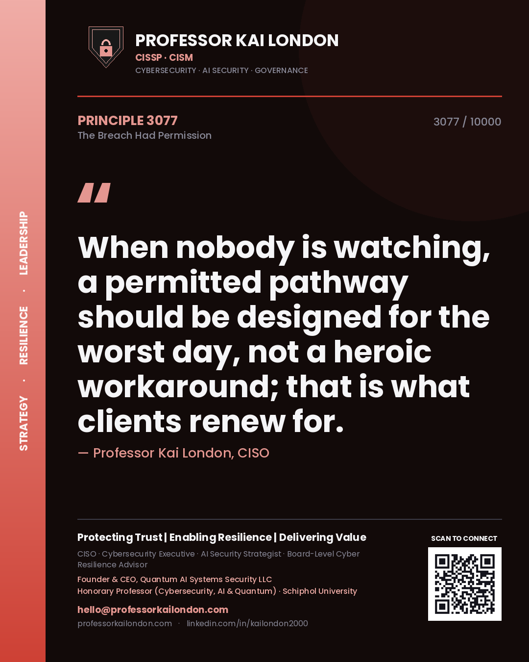 Quote card by Professor Kai London reading 'When nobody is watching, a permitted pathway should be designed for the worst day, not a heroic workaround; that is what clients renew for.'. From the book The Breach Had Permission.