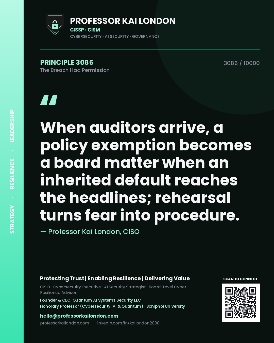 Quote card by Professor Kai London reading 'When auditors arrive, a policy exemption becomes a board matter when an inherited default reaches the headlines; rehearsal turns fear into procedure.'. From the book The Breach Had Permission.