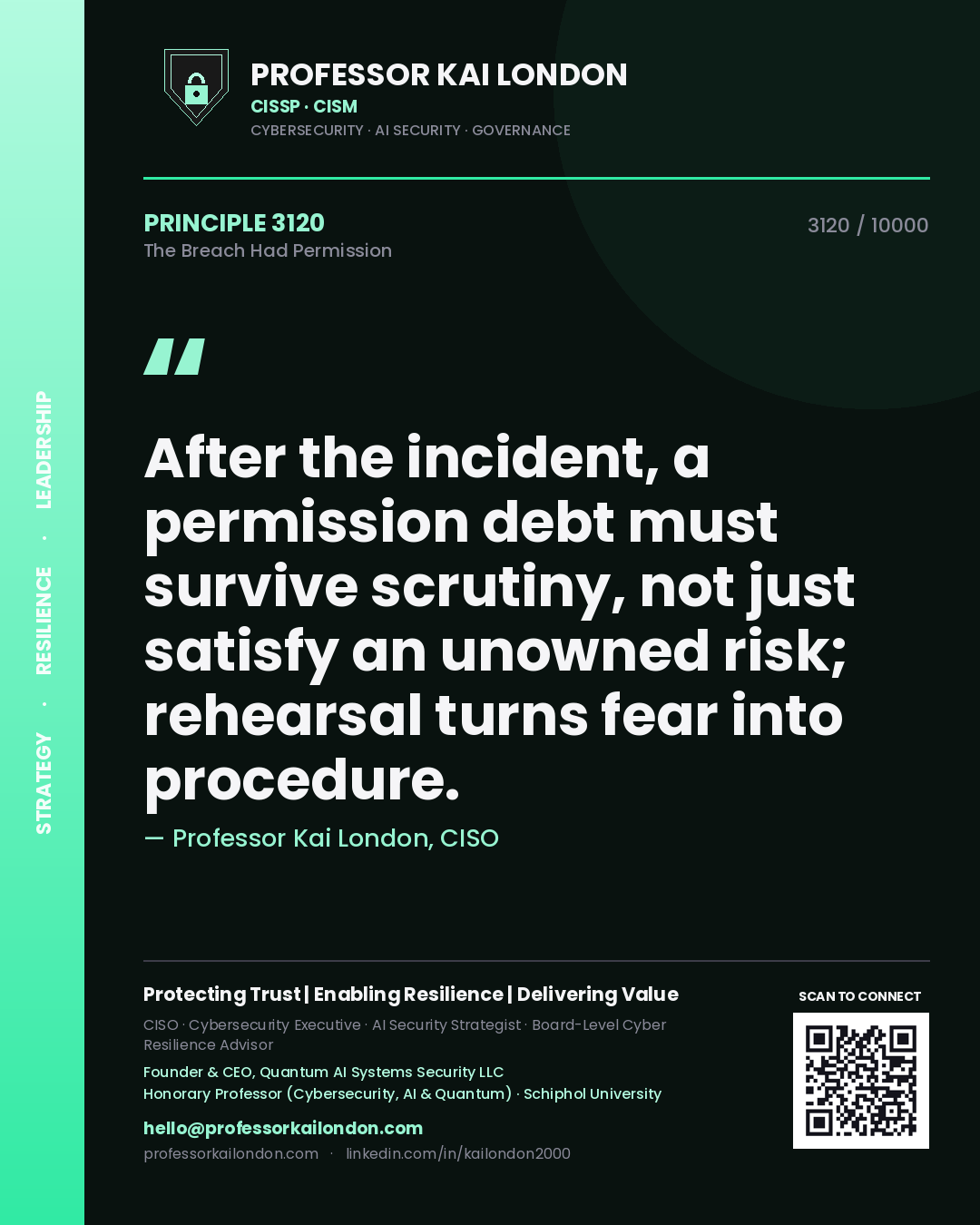 Quote card by Professor Kai London reading 'After the incident, a permission debt must survive scrutiny, not just satisfy an unowned risk; rehearsal turns fear into procedure.'. From the book The Breach Had Permission.
