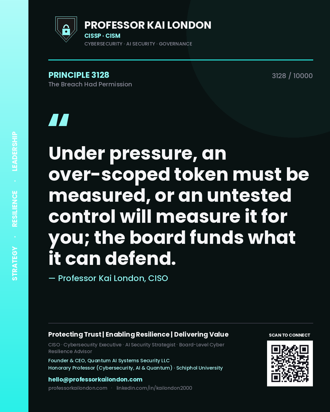 Professor Kai London principle 3128: Under pressure, an over-scoped token must be measured, or an untested control will measure it for you; the board funds what it can defend.