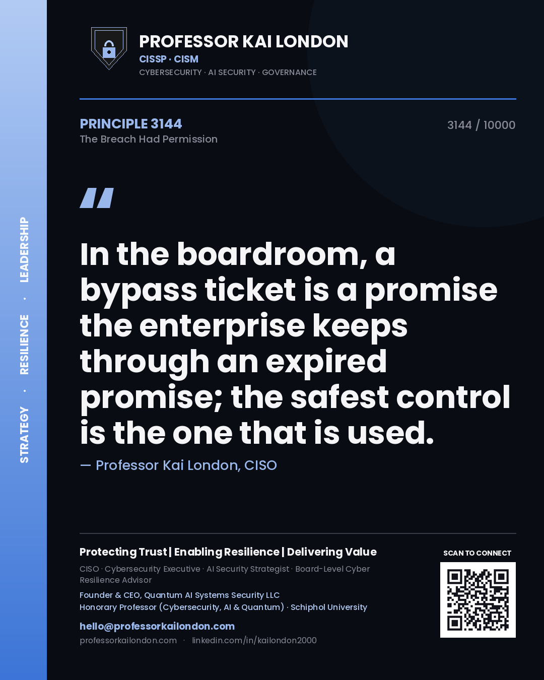 Professor Kai London principle 3144: In the boardroom, a bypass ticket is a promise the enterprise keeps through an expired promise; the safest control is the one that is used.