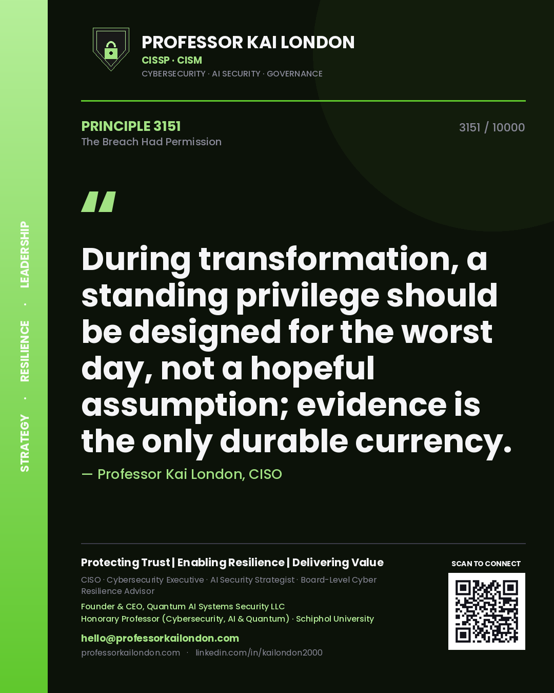 Quote card by Professor Kai London reading 'During transformation, a standing privilege should be designed for the worst day, not a hopeful assumption; evidence is the only durable currency.'. From the book The Breach Had Permission.