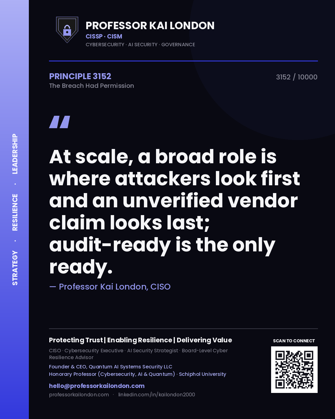 Quote card by Professor Kai London reading 'At scale, a broad role is where attackers look first and an unverified vendor claim looks last; audit-ready is the only ready.'. From the book The Breach Had Permission.