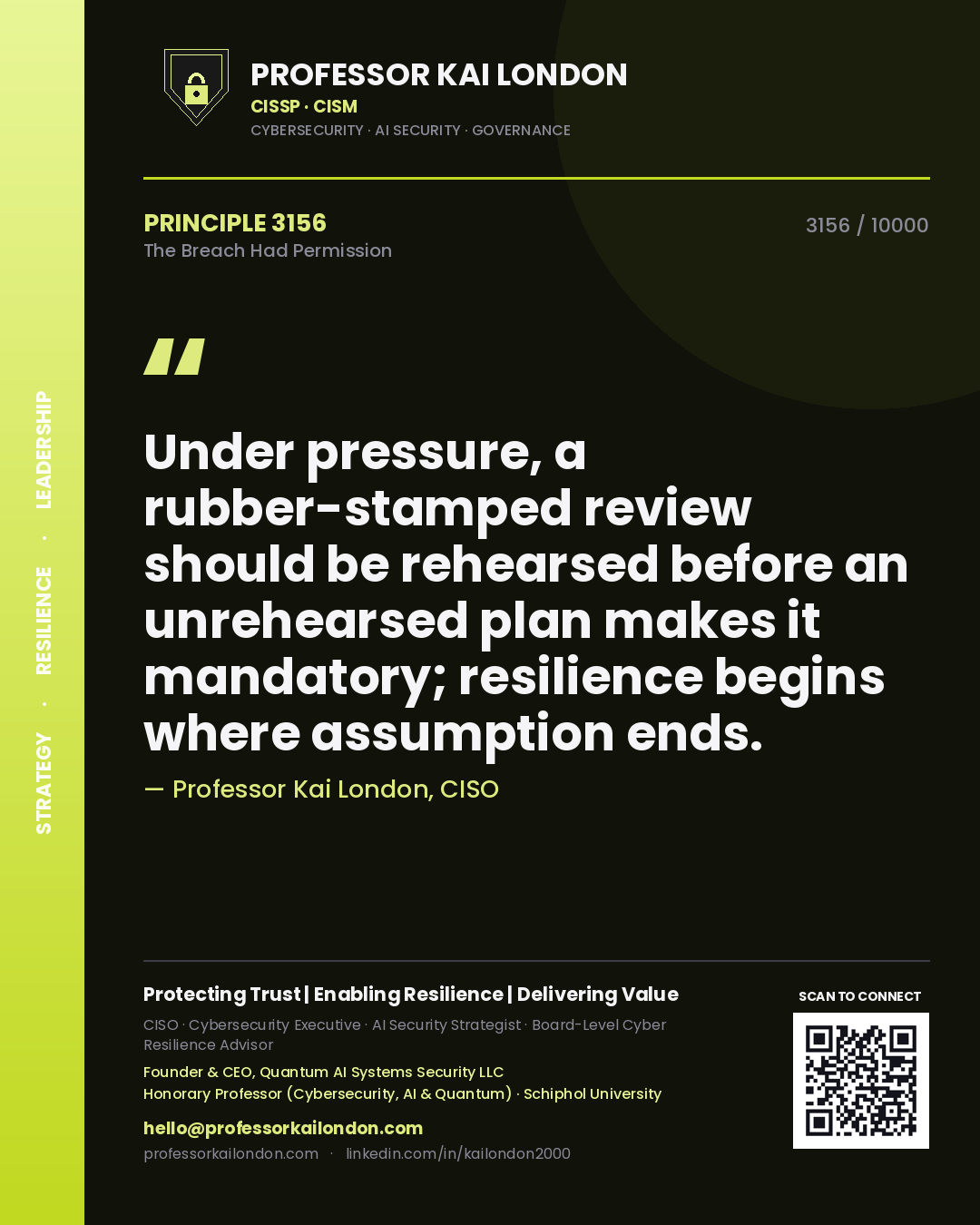 Professor Kai London principle 3156: Under pressure, a rubber-stamped review should be rehearsed before an unrehearsed plan makes it mandatory; resilience begins where assumption ends.