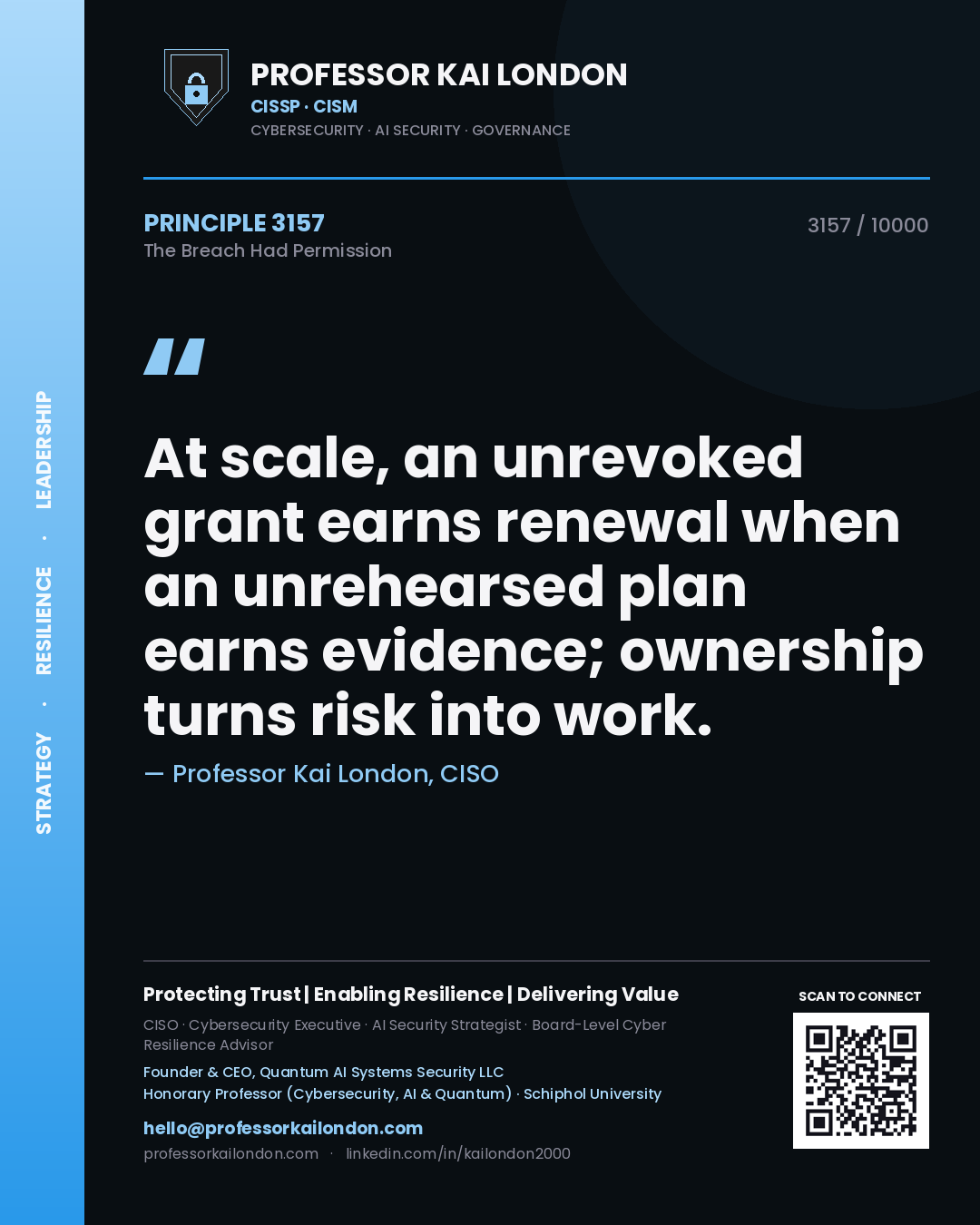 Quote card by Professor Kai London reading 'At scale, an unrevoked grant earns renewal when an unrehearsed plan earns evidence; ownership turns risk into work.'. From the book The Breach Had Permission.