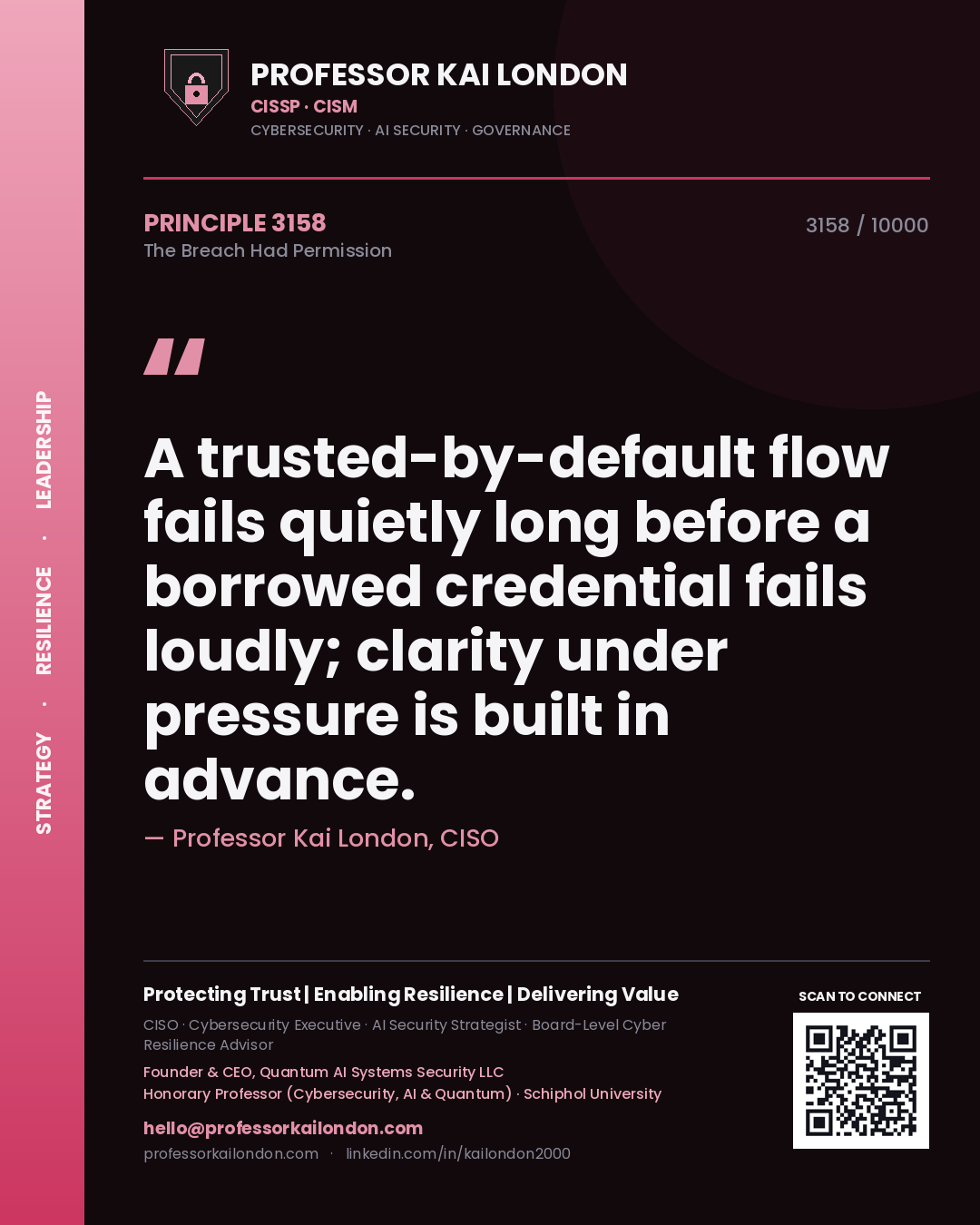 Professor Kai London principle 3158: A trusted-by-default flow fails quietly long before a borrowed credential fails loudly; clarity under pressure is built in advance.