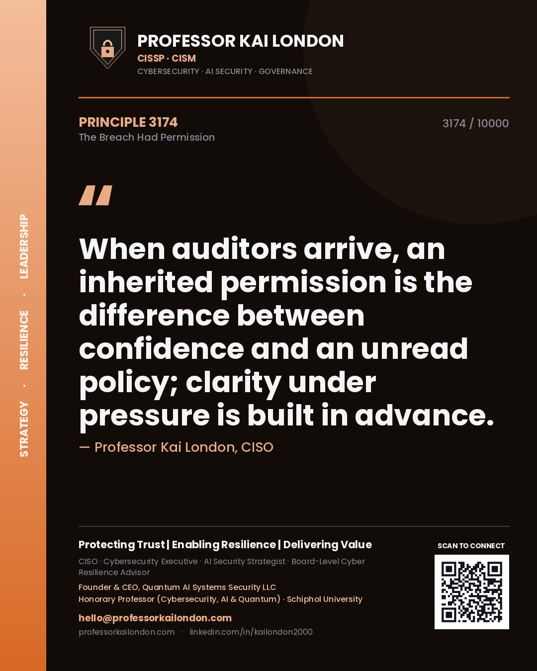 Quote card by Professor Kai London reading 'When auditors arrive, an inherited permission is the difference between confidence and an unread policy; clarity under pressure is built in advance.'. From the book The Breach Had Permission.