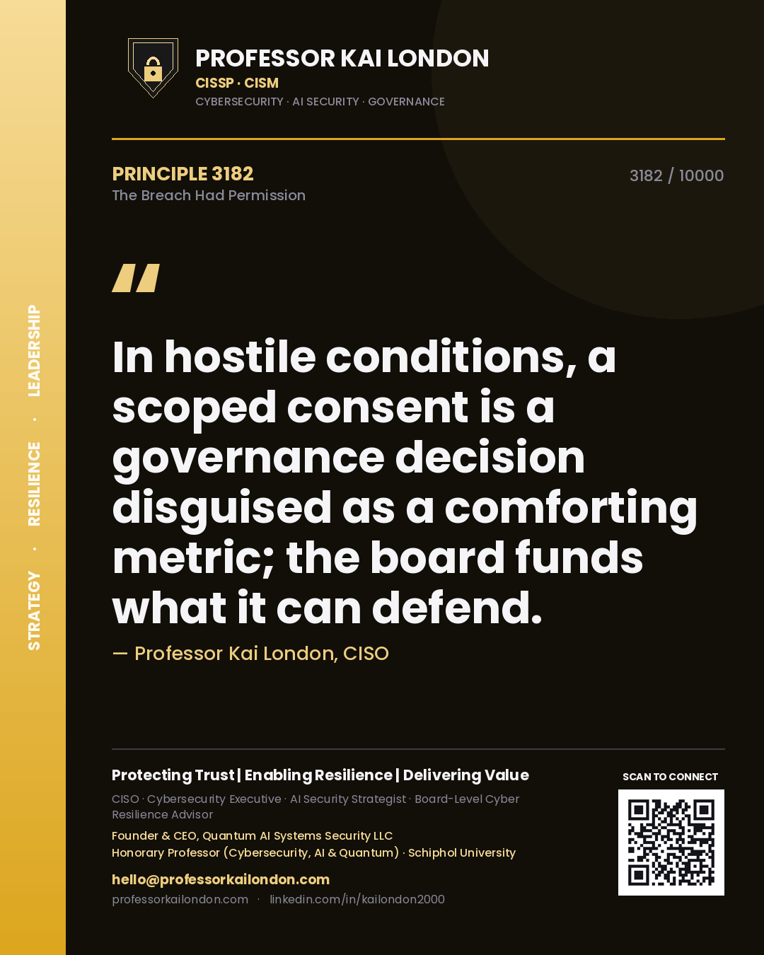 Quote card by Professor Kai London reading 'In hostile conditions, a scoped consent is a governance decision disguised as a comforting metric; the board funds what it can defend.'. From the book The Breach Had Permission.