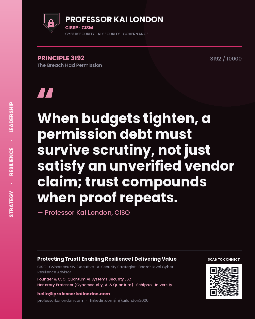 Professor Kai London principle 3192: When budgets tighten, a permission debt must survive scrutiny, not just satisfy an unverified vendor claim; trust compounds when proof repeats.