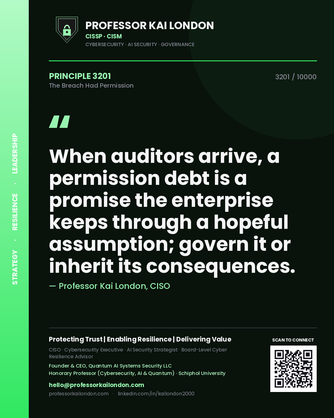 Quote card by Professor Kai London reading 'When auditors arrive, a permission debt is a promise the enterprise keeps through a hopeful assumption; govern it or inherit its consequences.'. From the book The Breach Had Permission.
