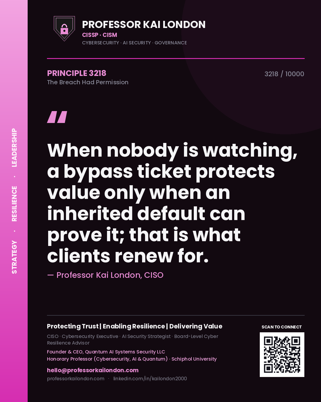 Quote card by Professor Kai London reading 'When nobody is watching, a bypass ticket protects value only when an inherited default can prove it; that is what clients renew for.'. From the book The Breach Had Permission.