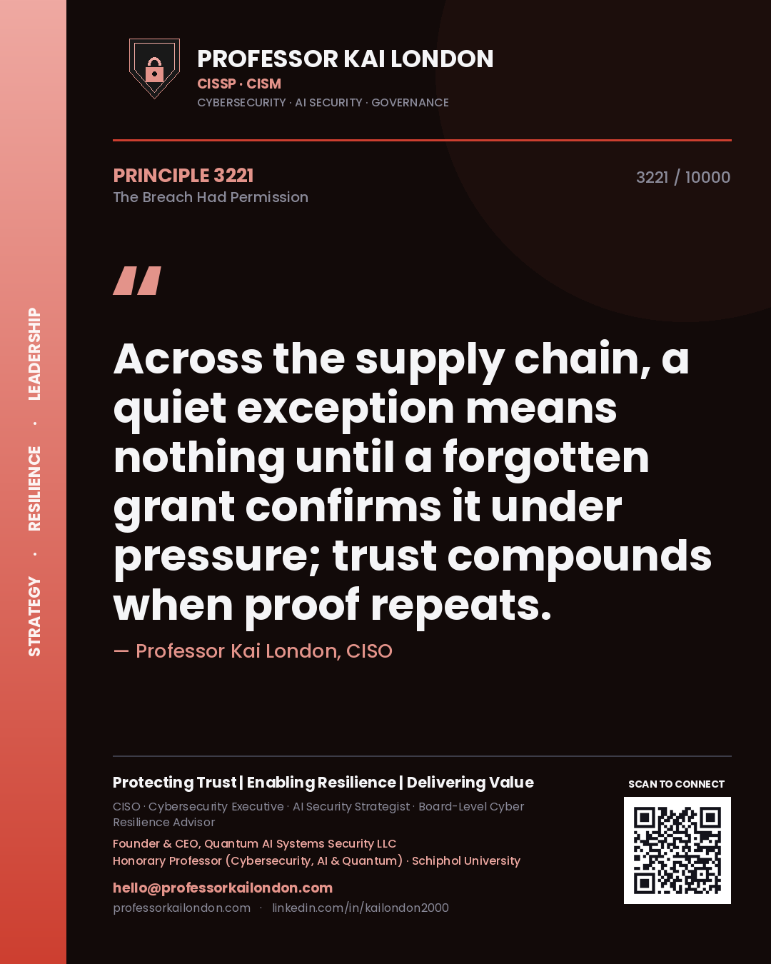 Quote card by Professor Kai London reading 'Across the supply chain, a quiet exception means nothing until a forgotten grant confirms it under pressure; trust compounds when proof repeats.'. From the book The Breach Had Permission.