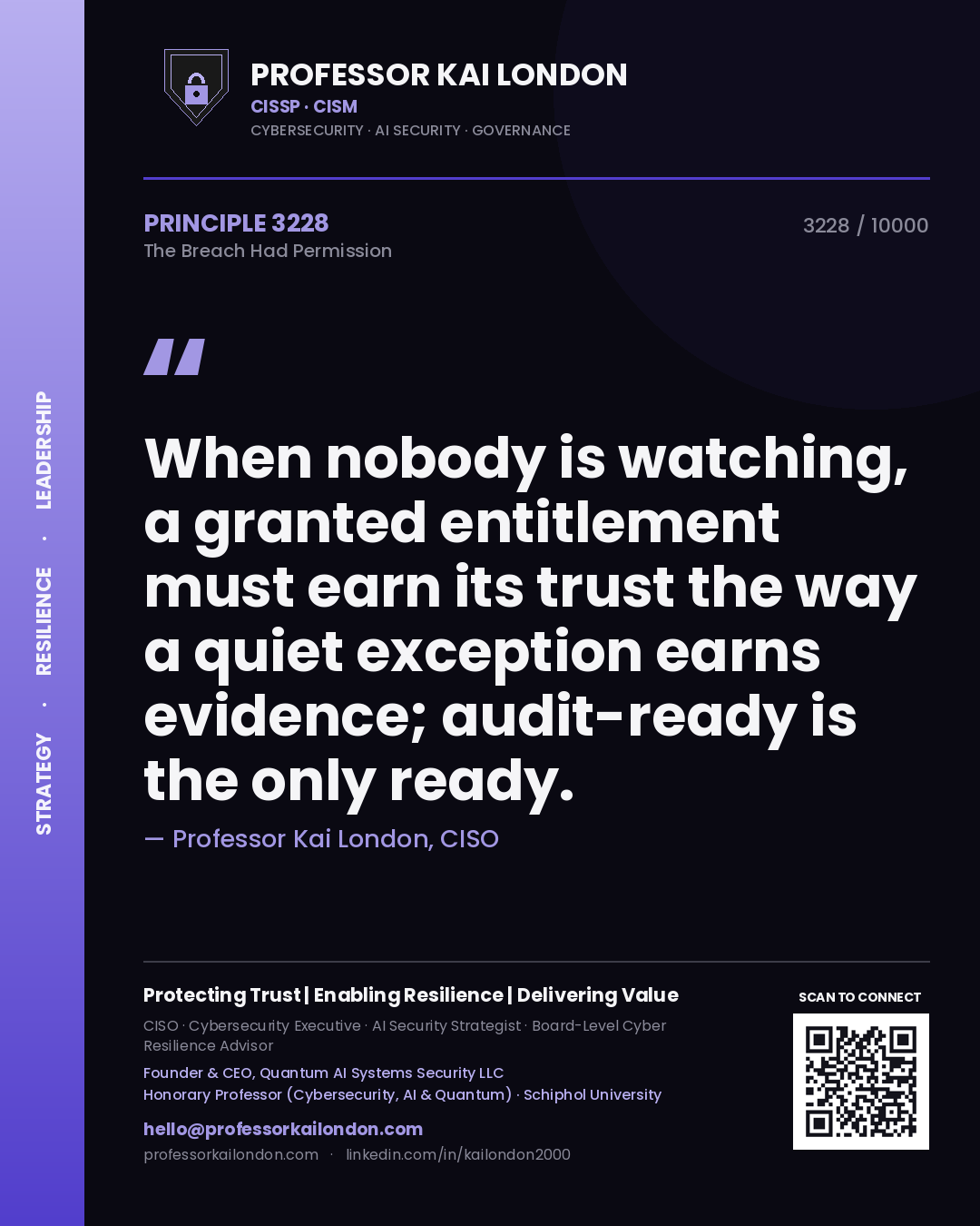 Quote card by Professor Kai London reading 'When nobody is watching, a granted entitlement must earn its trust the way a quiet exception earns evidence; audit-ready is the only ready.'. From the book The Breach Had Permission.