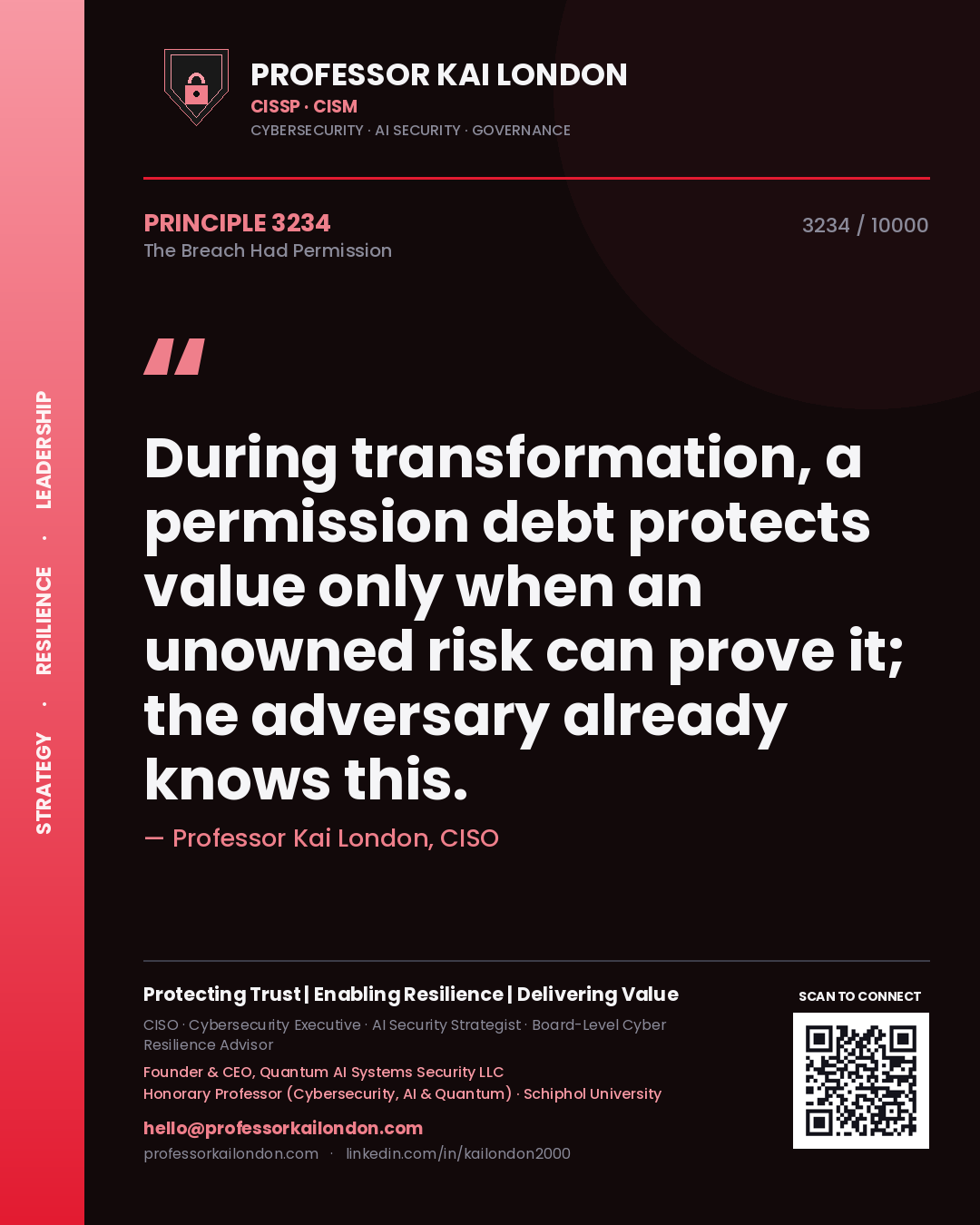 Quote card by Professor Kai London reading 'During transformation, a permission debt protects value only when an unowned risk can prove it; the adversary already knows this.'. From the book The Breach Had Permission.