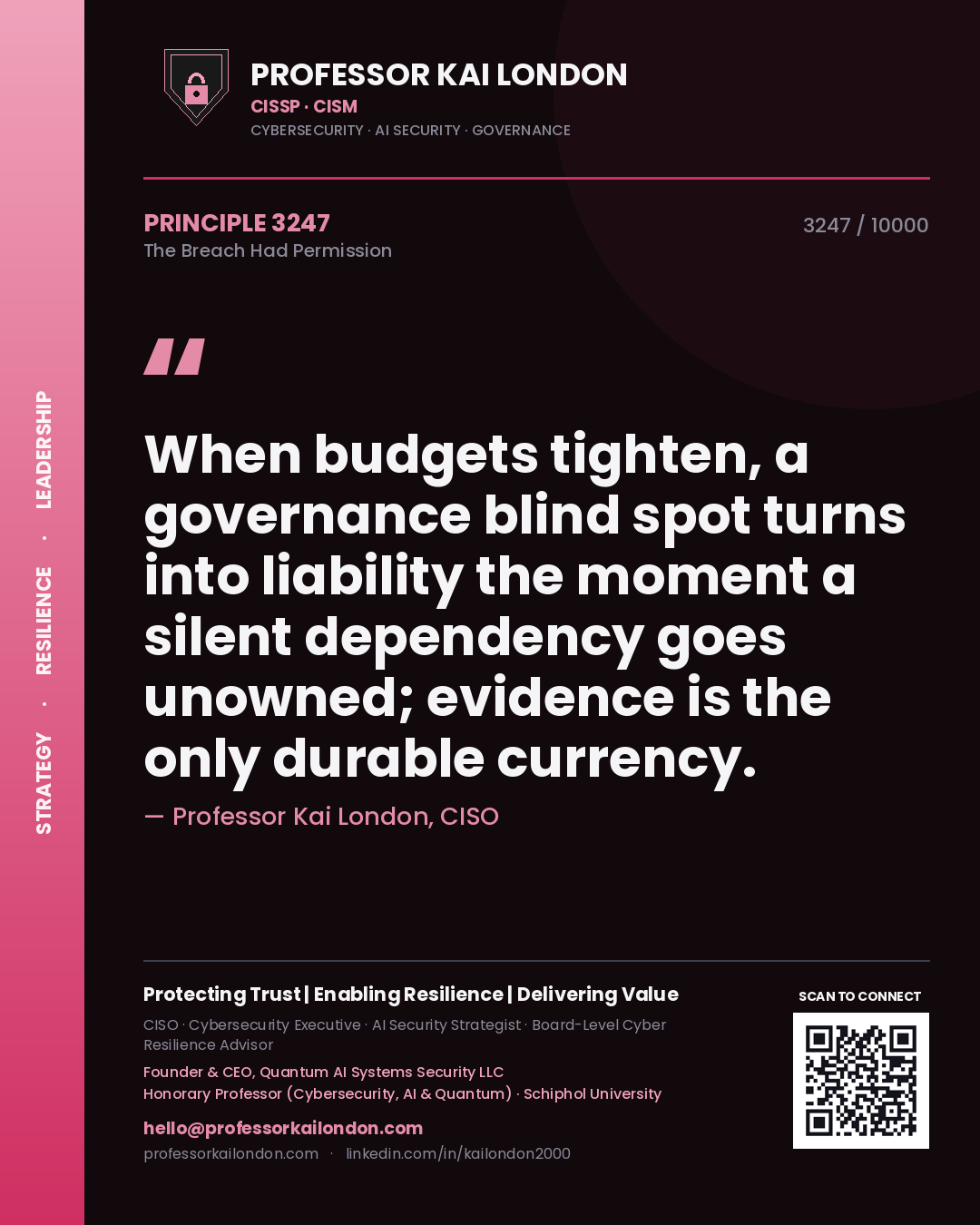 Professor Kai London principle 3247: When budgets tighten, a governance blind spot turns into liability the moment a silent dependency goes unowned; evidence is the only durable currency.