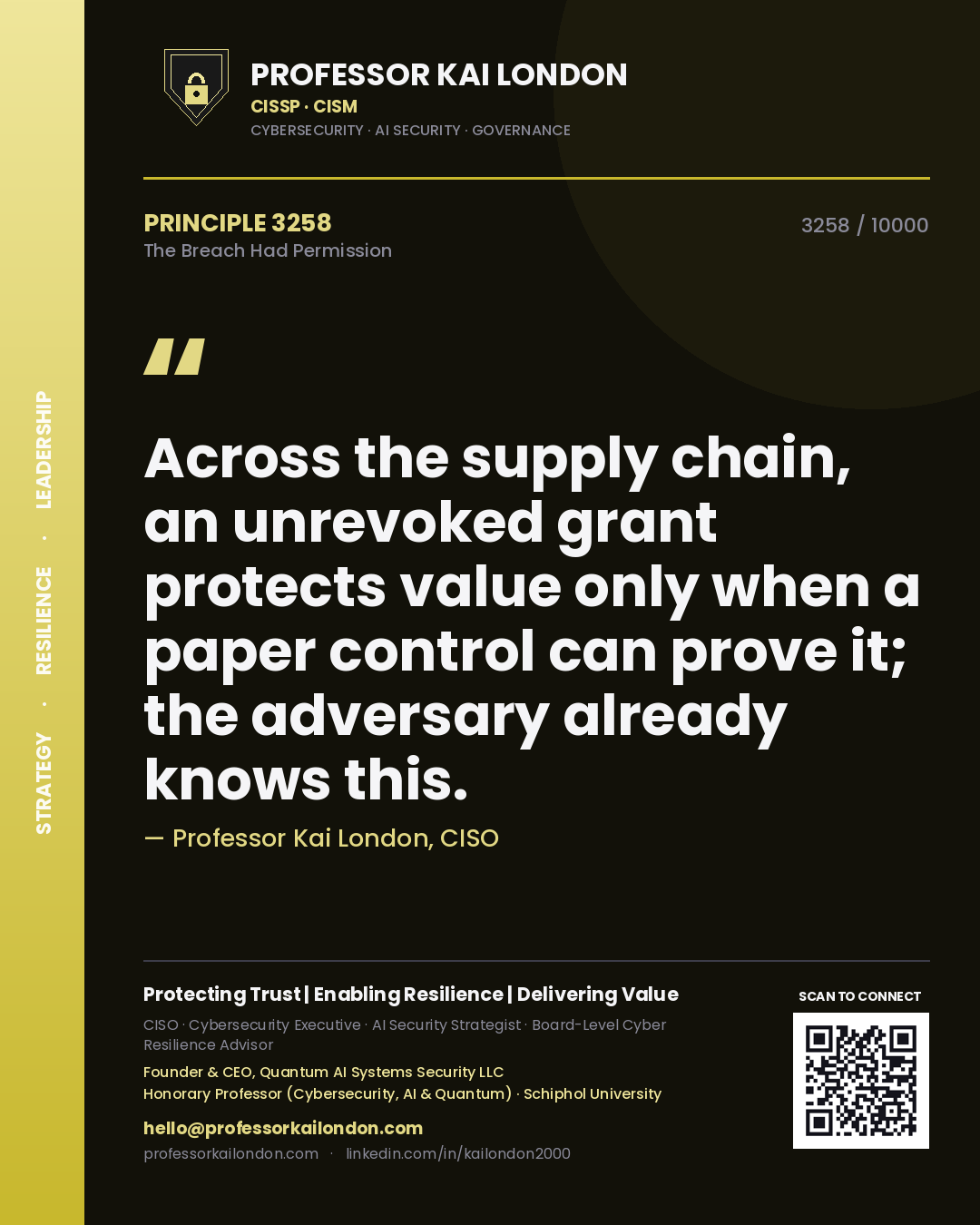 Quote card by Professor Kai London reading 'Across the supply chain, an unrevoked grant protects value only when a paper control can prove it; the adversary already knows this.'. From the book The Breach Had Permission.
