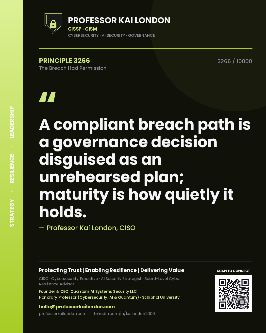 Professor Kai London principle 3266: A compliant breach path is a governance decision disguised as an unrehearsed plan; maturity is how quietly it holds.