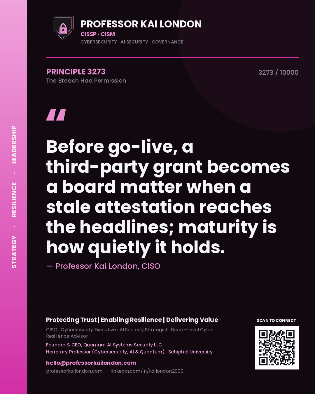 Professor Kai London principle 3273: Before go-live, a third-party grant becomes a board matter when a stale attestation reaches the headlines; maturity is how quietly it holds.